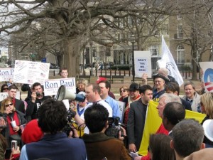 Feb 2009: Brendan Steinhauser on the bullhorn at the first tea party outside the White House.