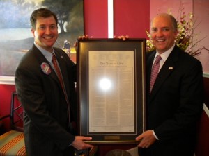 December 2010: After Steve Southerland was elected to Congress, I was asked to present him with this framed copy of Davy Crockett's "Not Yours to Give" speech, to remind him why we sent him to represent us. It still hangs prominently in his DC office today.