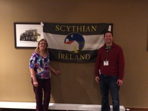 My mom and I at the opening night reception, with the special "Scythian in Ireland" flag that was created for this trip.